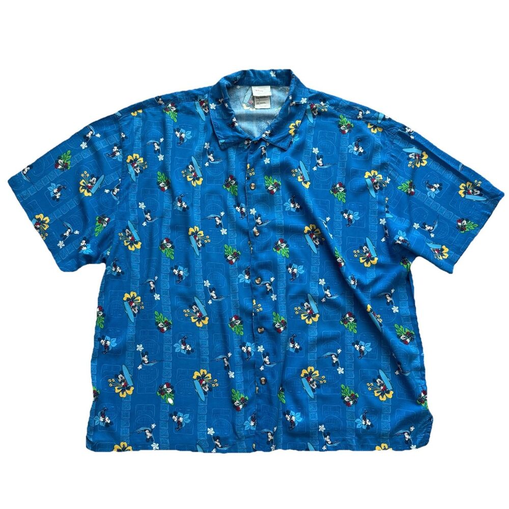 Disney Store Mickey Mouse Hawaiian Shirt Xxl Blue Rayon Surf Aop Button Up